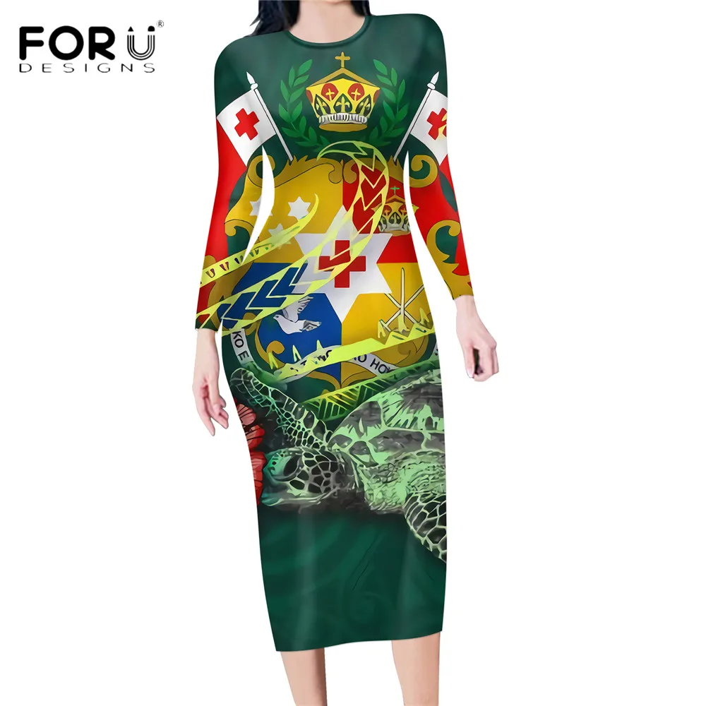 

FORUDESIGNS Vintage Sexy Women Casual Long Tops Pencil Dress Polynesian Tonga Sea Turtle Printing Club Party Ladies Bodycon Ropa