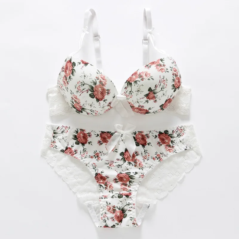 

Hot Sale Underwear Sexy Lace Push Up Bra Set Women Flowers Decorate Bow Brassiere and Panties Europe B C Cup Plus Size Lingerie