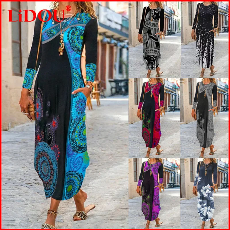 

Casual Vintage Printed Elegant Party Beach Long Sleeve Maxi Dress Female Clothing 2021 Autumn Winter Plus Size Dresses for Women