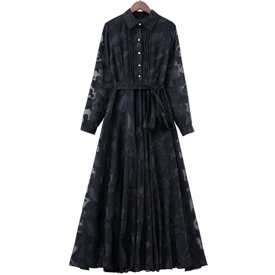 

Elegant Jacquard Chiffon Beach Vacation Maxi Dresses 2021 Spring 3XL Plus Size Long Sleeve Dress Vintage Women Bodycon Vestidos