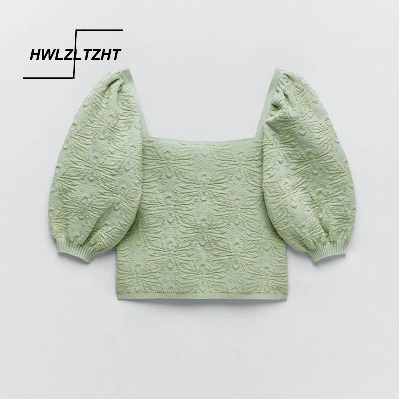 

Женский жаккардовый вязаный укороченный свитер HWLZLTZHT, эластичный зеленый пуловер с короткими рукавами-фонариками, шикарный зеленый, весенн...