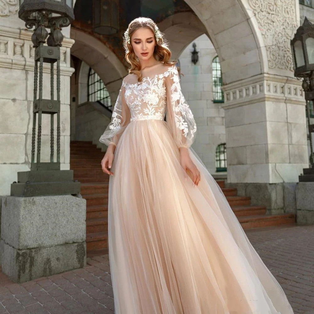 

Nude Tulle White Lace Wedding Dress Long Puff Sleeve Sheer Neck Illusion Bodice Fancy Design A Line Champagne Bridal Gowns