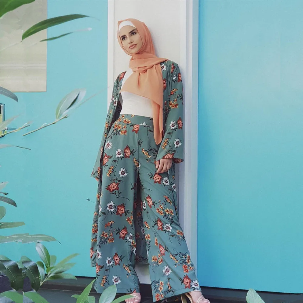 

Summer cool printed muslim suits sets with belt female dubai fashion mall great quality muslim tops + long pants wq1528 dropship
