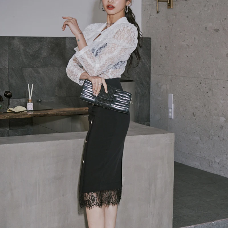 

Autumn 2 Pieces Suit Womens White Lace Blouses & High Waist Split Sheath Pencil Skirt Korean Occupation Sets