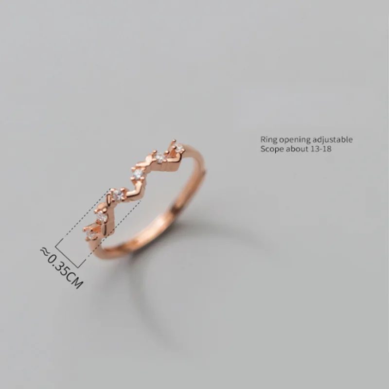

A00642 Jazaz 925 Sterling Silver Geometric Zircon Wave Crown Opening Finger Couple Ring for Women Wedding Engagement Jewelry