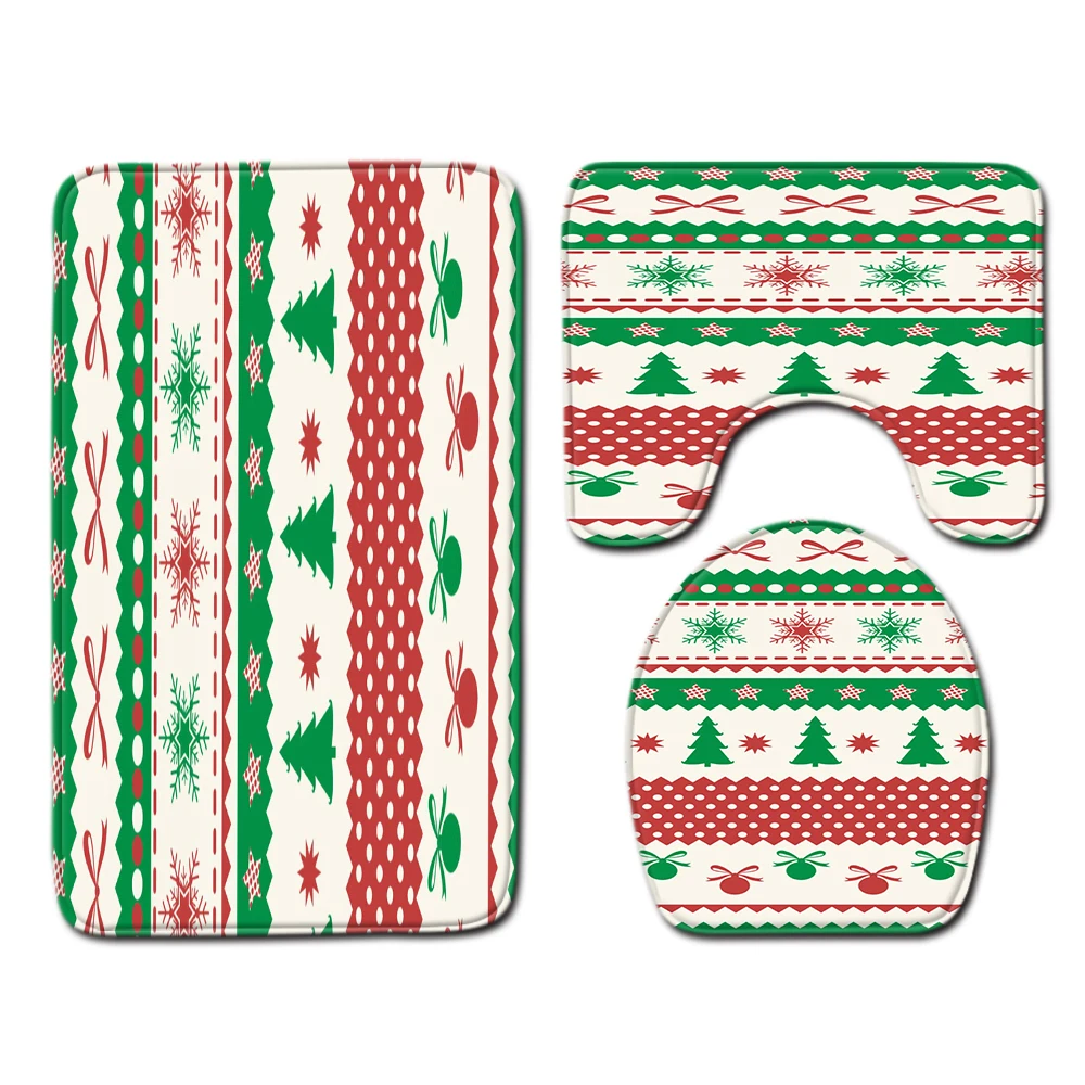 

Merry Christmas Bathroom Pad Floor Mat Carpet Soft Flannel Absorbent Pedestal Rug Lid Toilet Cover Bath Mat Set for Home Decor