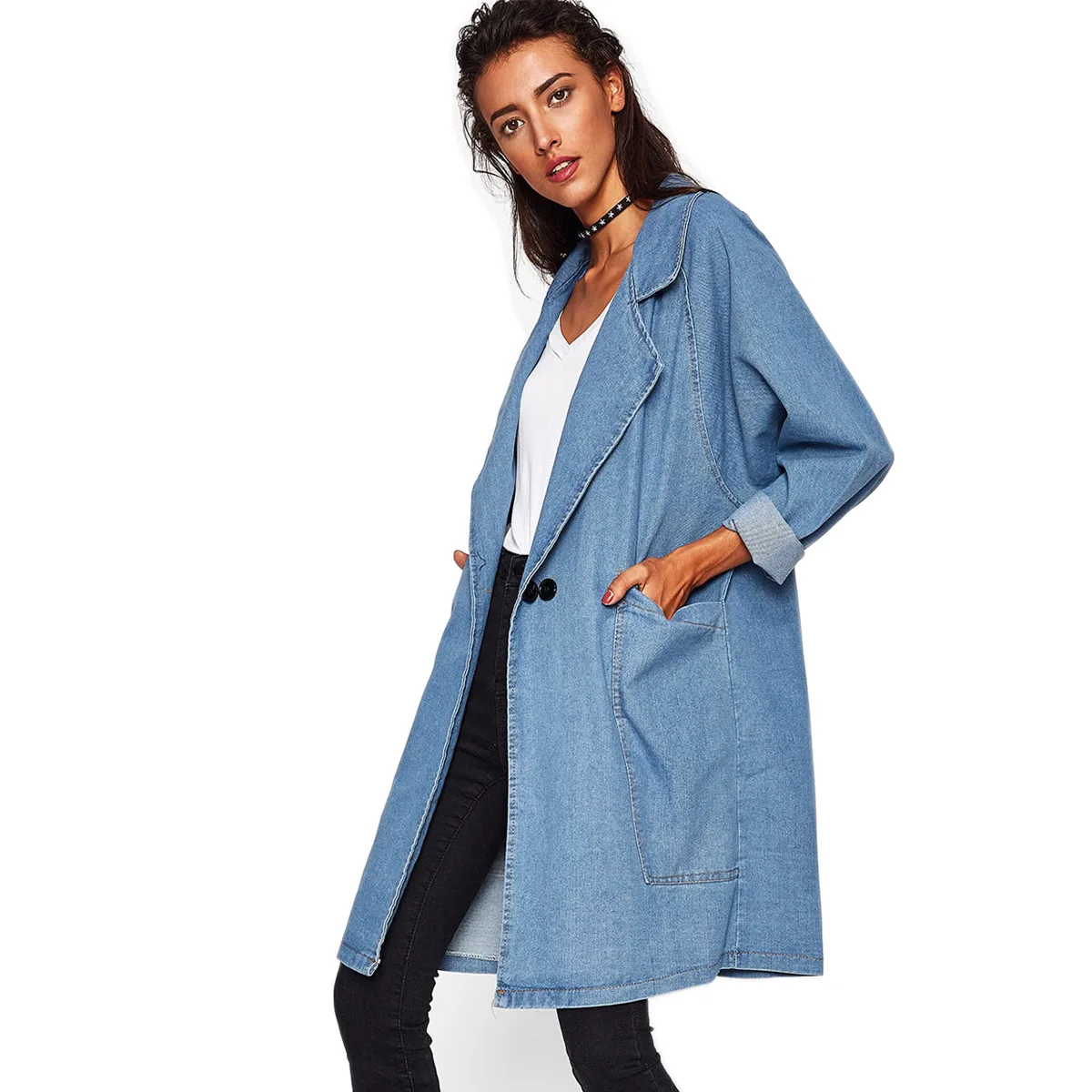 

European And American-Style Plus-sized Women's Clothing Early Autumn New Style Large Lapel Large with Pockets Mid-length
