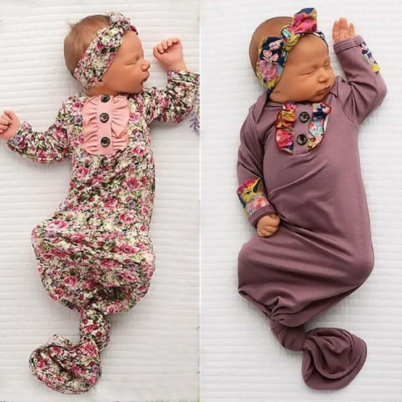 0-6 Months Newborn Baby Sleeping Bags Floral Girls Swaddle Blanket Wrap+Headband Cotton Set | Мать и ребенок