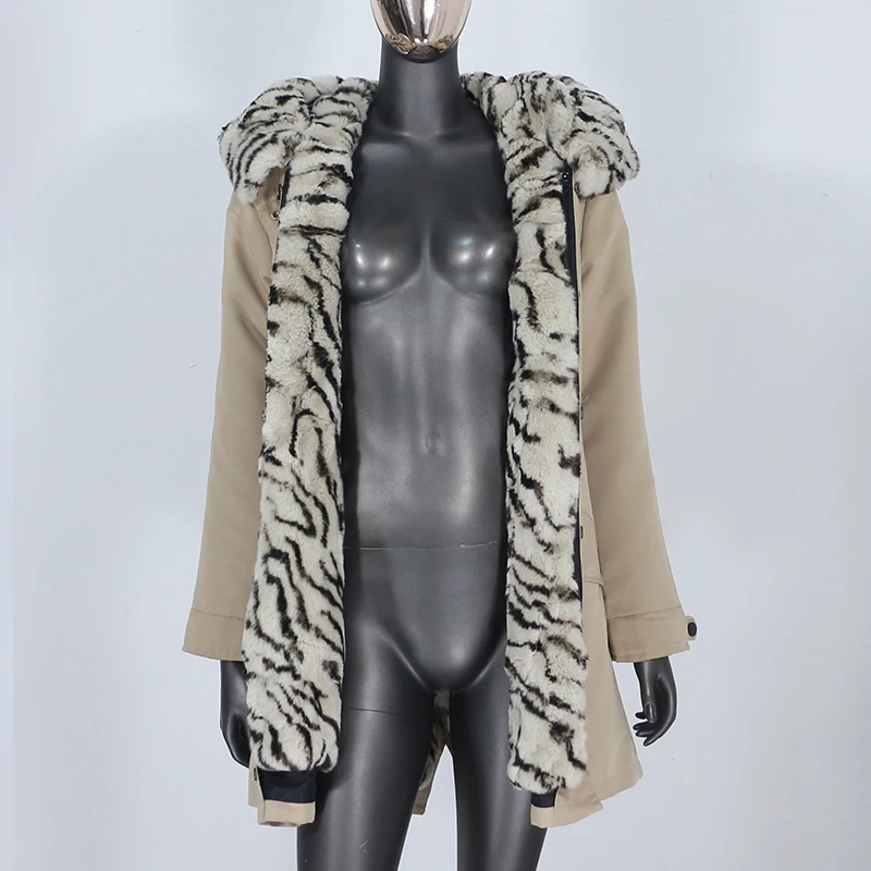 

CXFS 2021 New Leopard Long Waterproof Parka Winter Jacket Women Real Fur Coat Natural Rex Rabbit Fur Detachable Luxury Outerwear