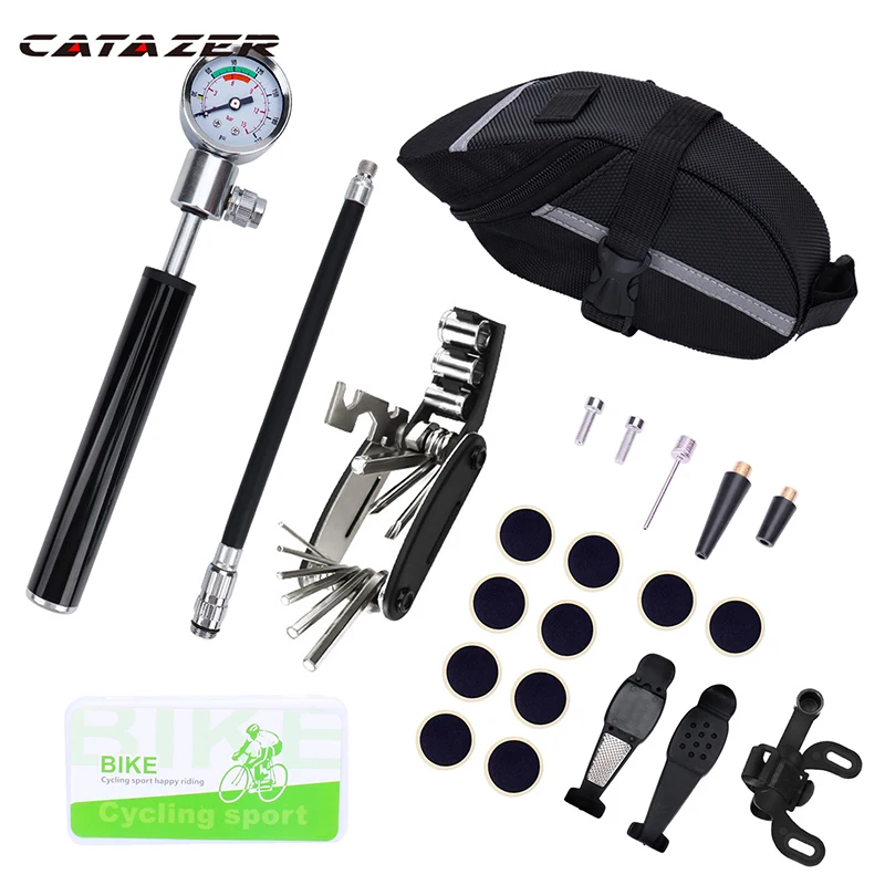 

Bike Emergency Heavy Duty Tubeless Tire Puncture Tyre Repair Plug Set Bicycle Tool Cycling Accessories with Pump Pressure Gauge