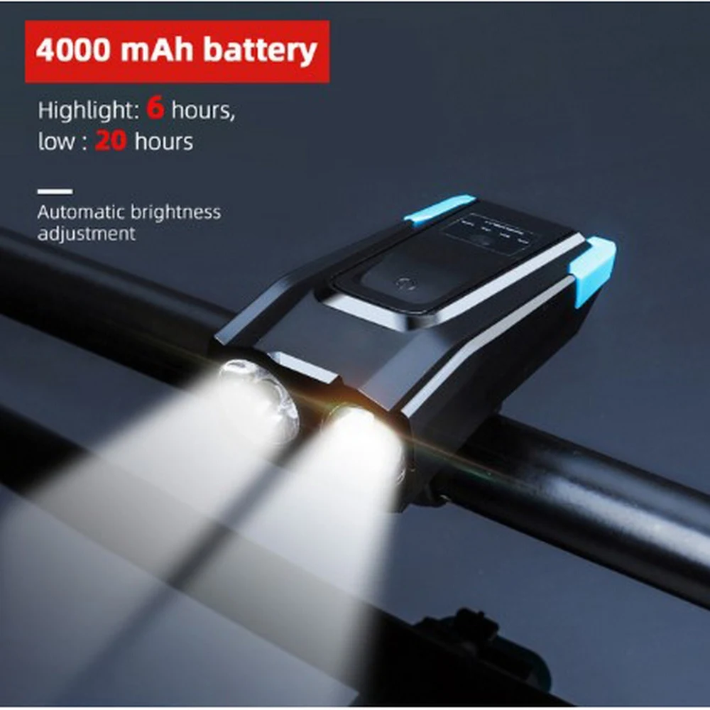 

Индукционный велосипедный светильник, 4000 мАч, зарядка через USB, умный головной светильник, 5 звуковых выключателей, 800 люмен, светодиодный ве...