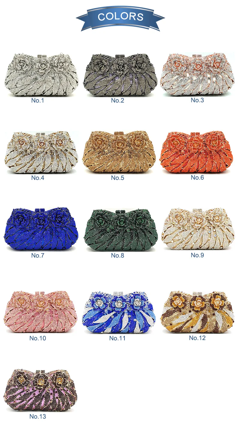 Luxury Bridal party purse women evening party handbag fashion diamonds wedding crystal clutches rose flower crystal purses