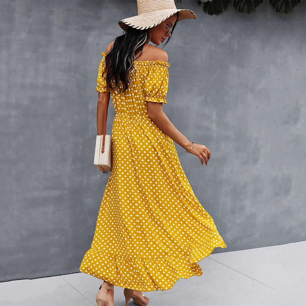 

Women's Off Shoulder Dress Spliting Short Sleeve Wave Dot High Waist Flowy Dress for Party Beach Summer LXH