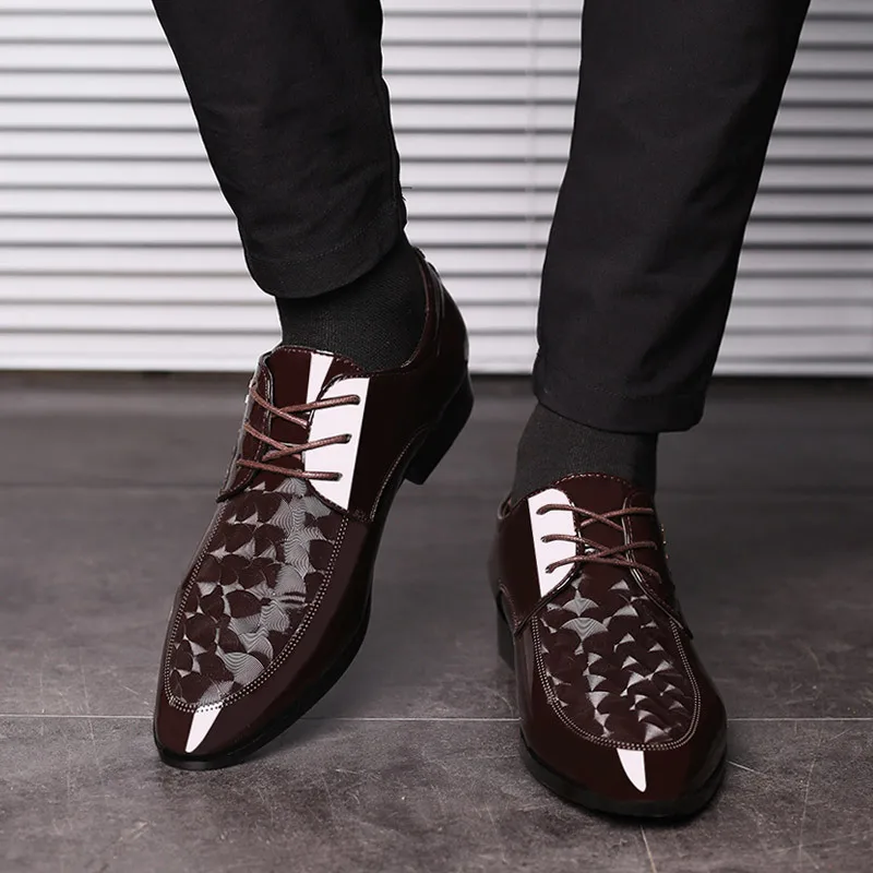 

Spring New Shiny Mens Formal Shoes All-match Casual Business Shoes Men Dress Wedding Shoes lace-up single shoes plus size 38-48