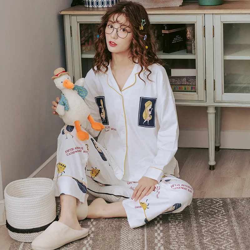 

New Spring Sleepwear 2 Piece Sets For Women's Cotton Casual Pajamas Cartoon Lace Women Homewear Large Size White Pijama Pyjamas