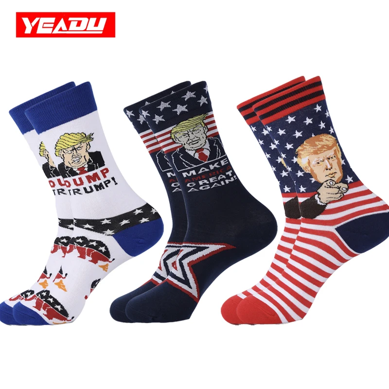 YEADU/цветные мужские носки с забавными рисунками из мультфильмов, отличный национальный флаг, звезды, полосы, США, президент Дональд Трамп, счастливые носки для мужчин