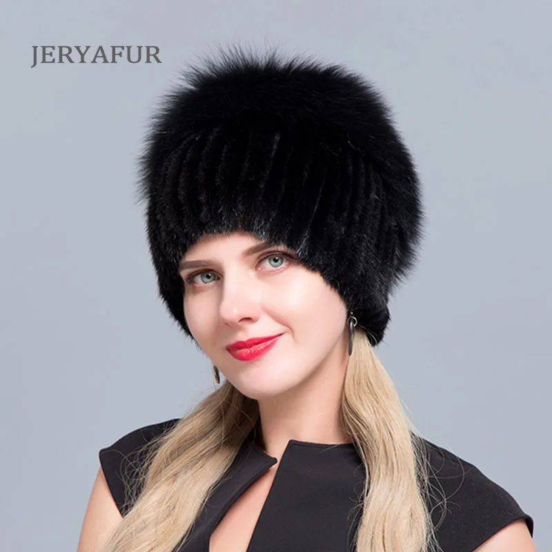 

JERYAFUR Neue Mode Winter Hüte Für Frauen Real Nerz Hut Weibliche Patchwork Fuchs Pelz Mix Farbe Interne Stricken Mützen warme