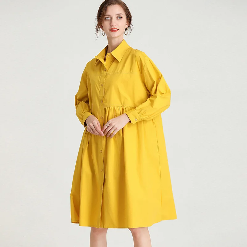 

Spring New Women Shirt Dress Pure Cotton Fashion Elegant Big Size Loose Long Sleeves Solid Color Female Lapel Collar Midi Dress
