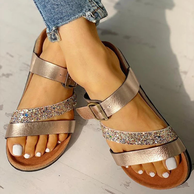 

Шлепанцы женские с блестками, повседневные мягкие сандалии на плоской подошве, пляжные тапочки, сланцы, летняя обувь sdc34