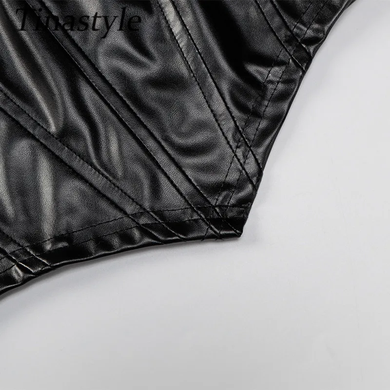 

Tinastyle White Off Shoulder Strapless Sexy Crop Top Women PU Leather Short Sleeve Skinny Party Tank Top Fashion Streetwear Tees