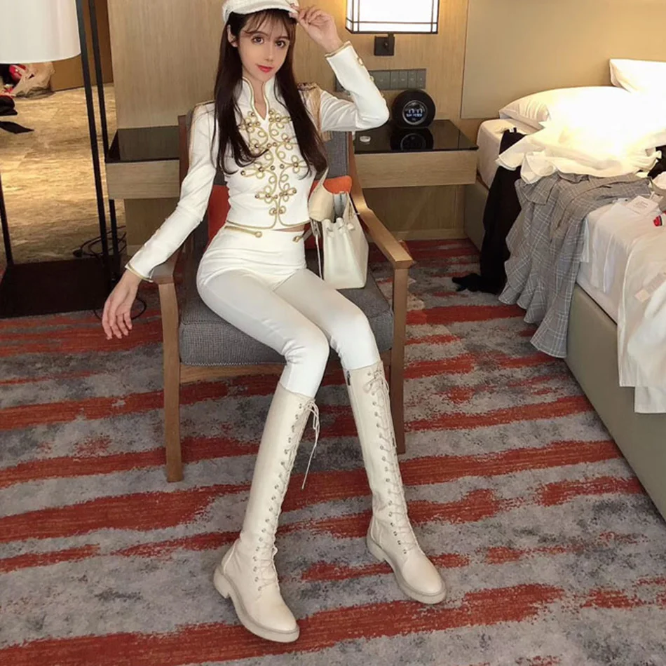 New Autumn And Winter Ladies Club Bandage Suit Black White Fringed Shirt And Pants 2 Pieces Two-Piece Club Party Suit