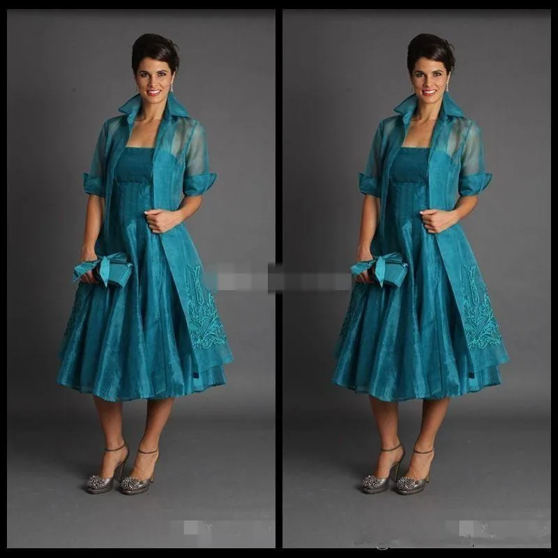 

Plus vestido de madrinha 2019 Short Mother of The Bride Dresses with jacket Tea Length Green Suits Evening Gowns Cheap Organza