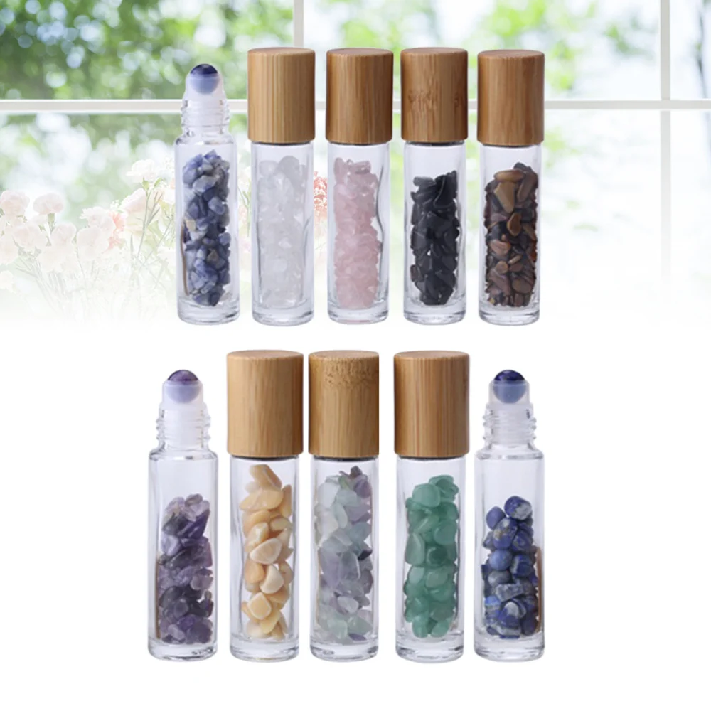 

10pcs 10ml Roller Bottles Gemstones Essential Oil Sample Bottles with Bamboo Lids