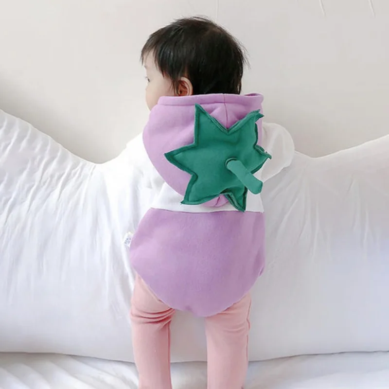 

Baby Boy Girl Autumn Cute Eggplant Long Sleeve Thickened Warm Hooded Sweatshirt Romper Fashionable and comfortable cartoon