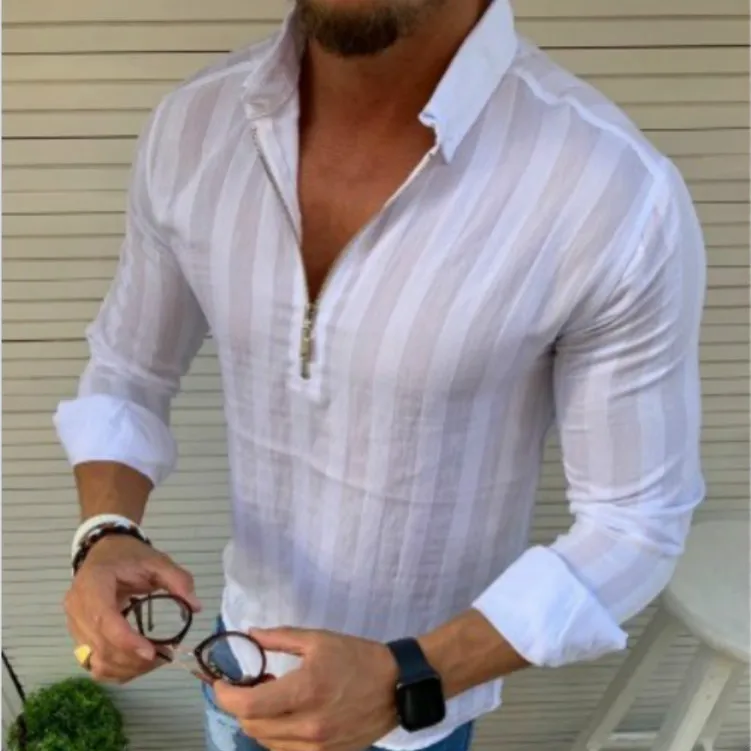 

New European and American men's long-sleeved lapel polyester striped zipper shirt casual shirt men