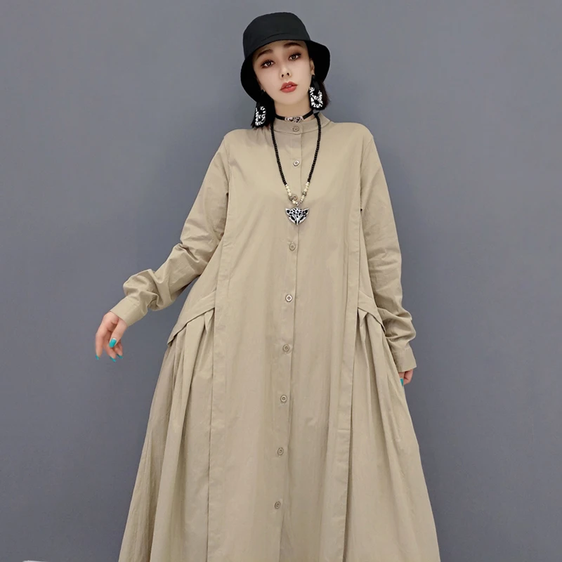 

SHENGPALAE Minimalist Khaki Shirt Dress Women's Autumn 2021 New Stand Collar Loose Single Breasted Spliced Pleated Dresses Tide