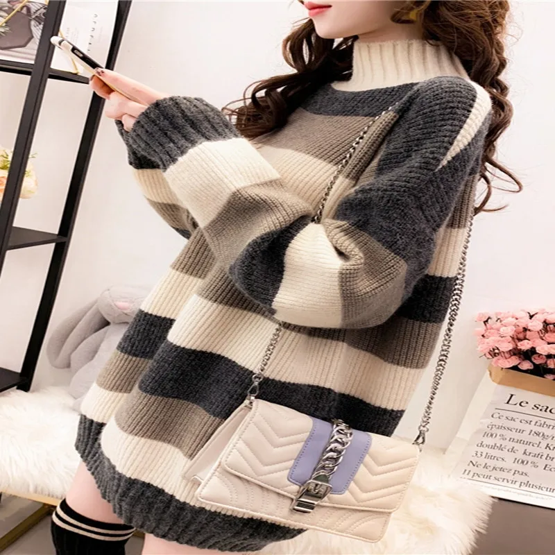 

Women's bottoming Half Turtleneck Sweater Women's Pullover 2021 Autumn And Winter Thickening New Striped Loose Lazy Style Top