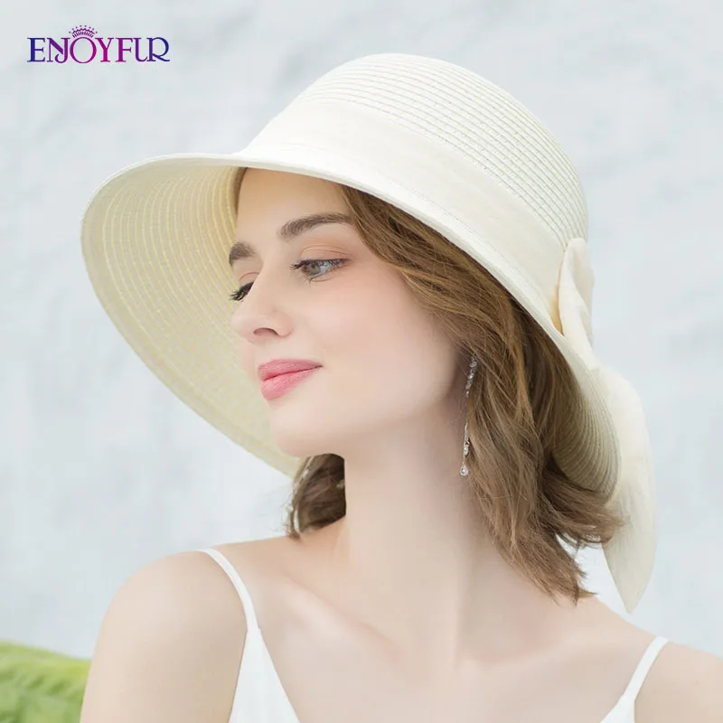 ENJOYFUR Лето Шапки для Для женщин 2018 Новое поступление ленты лук узел пляжная шляпа