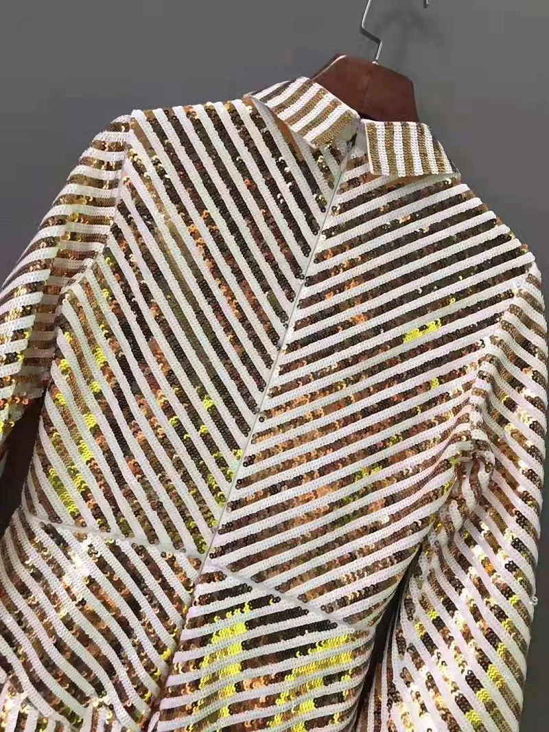 Платье с блестками; коллекция года; сезон осень; модные вечерние женские Клубные платья с отложным воротником; повторяющиеся полосатые узоры; блестки с длинным рукавом; праздничное платье