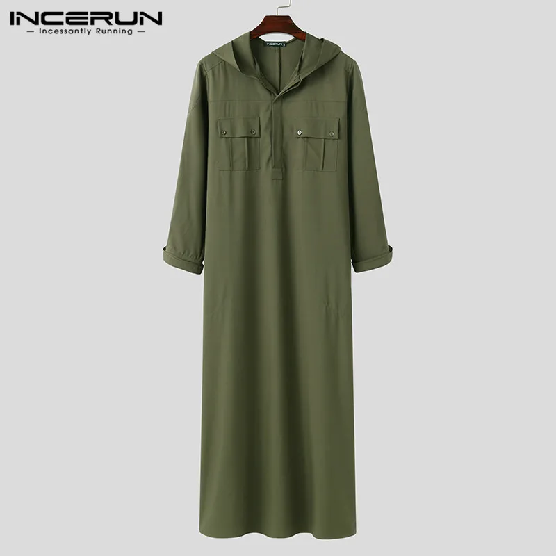 Solid Muslim Robes Mens Long Sleeve Buttons Jubba Thobe Men Autumn Hooded Mult Pockets Kaftan Islamic Clothing S-5XL INCERUN 7
