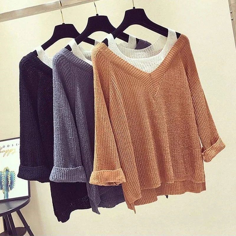 Pullover Sweater Women Winter 2020 Loose Long Sleeve Fake Two Fashion Knitted Sweaters Plus Size | Женская одежда