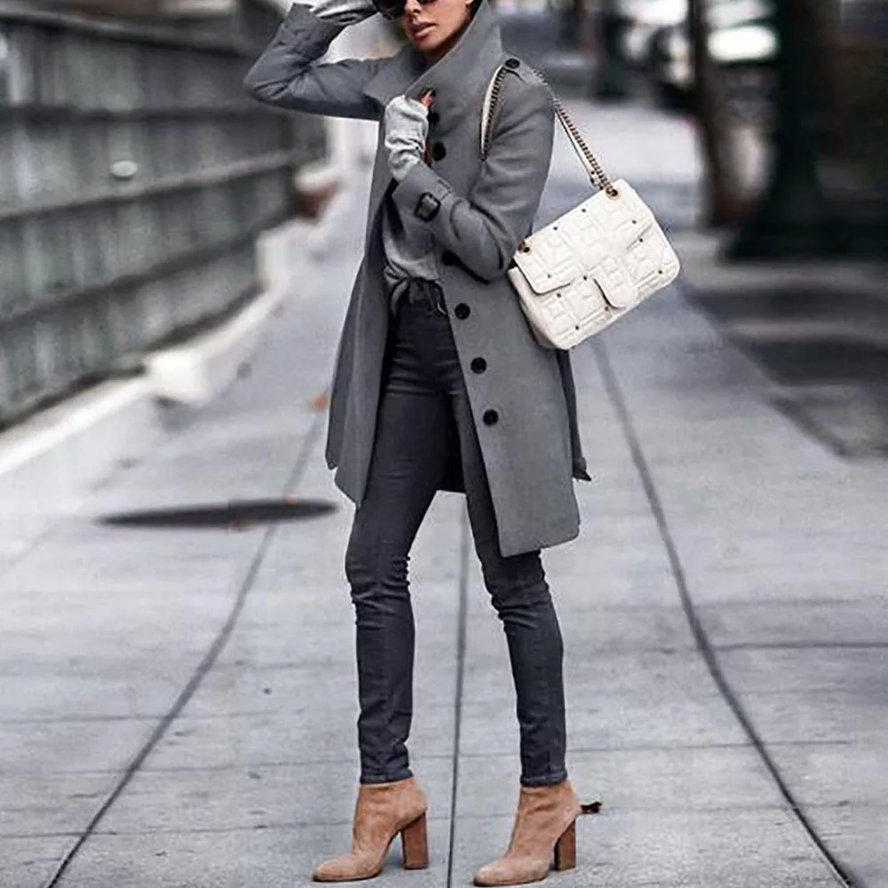 Элегантное шерстяное Женское пальто больших размеров 3XL однотонное серое