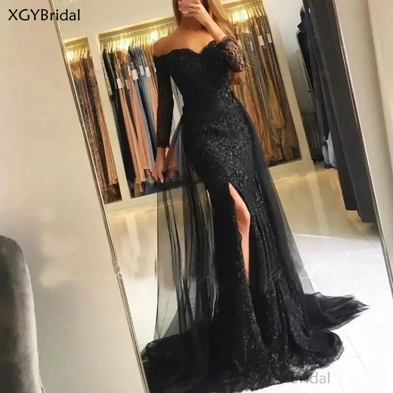 

Sexy Muslim Evening Dress 2021 Mermaid Long Sleeve Lace Appliques Beaded Slit Islamic Dubai Kaftan Saudi Arabic Tulle Vestido