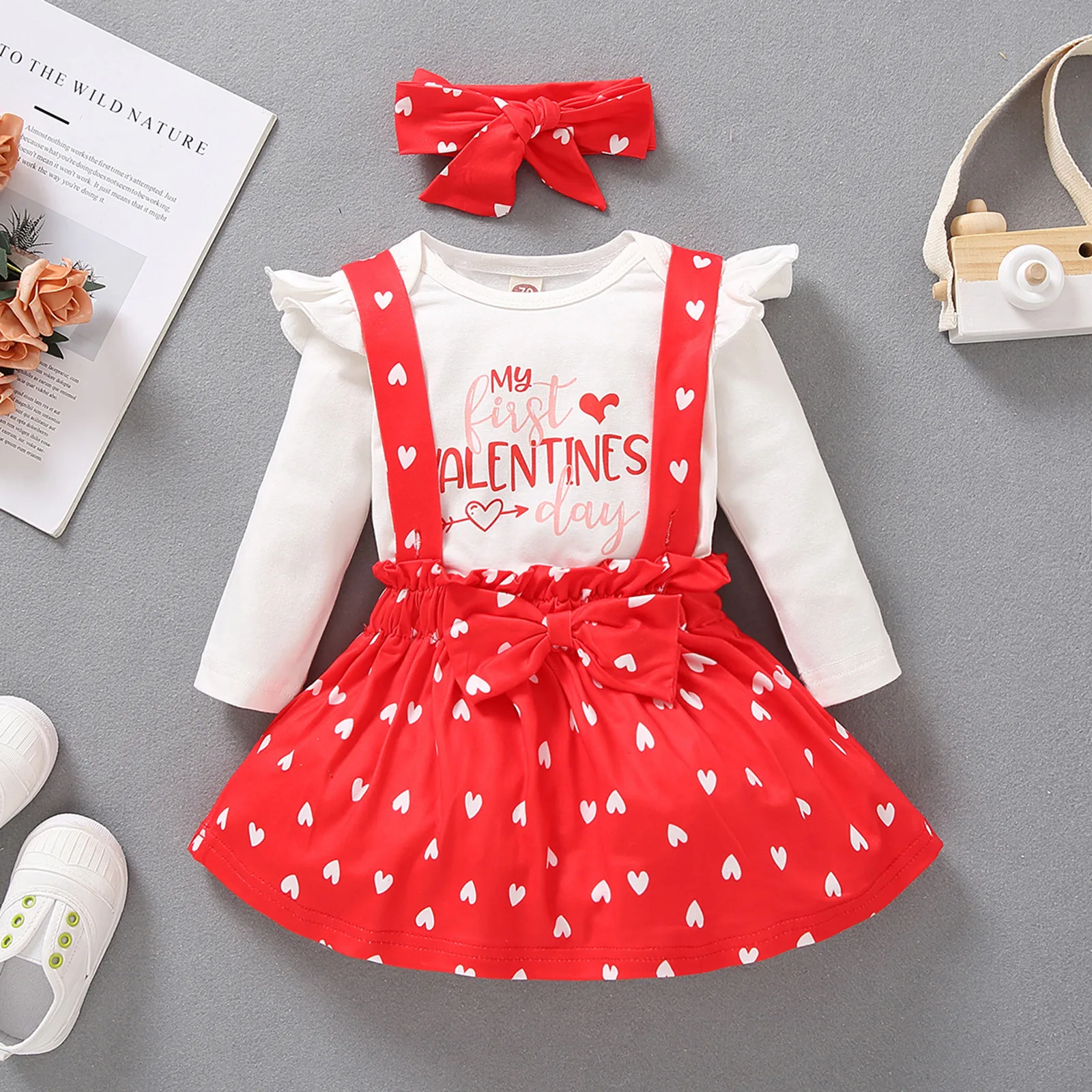 0M-24M Newborn Infant Baby Girls Valentine's Day Romper Bodysuit+Hearts Suspender Skirt Rompers Outfits Baby Clothes Set