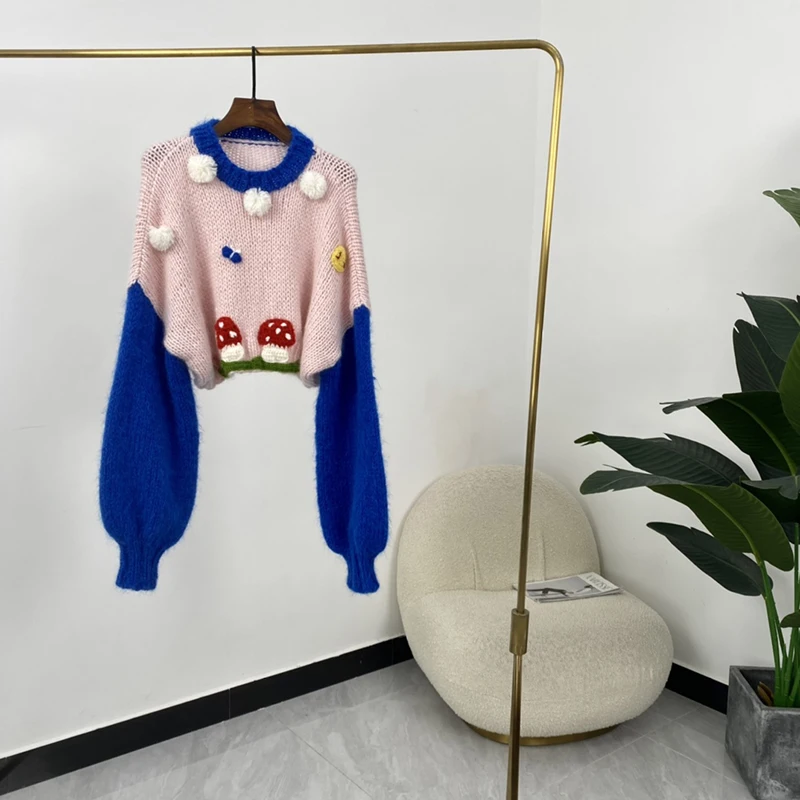 

Australia Designer Knit Sweater Fashion Mushroom Flowers Appliques O-Neck Lantern Sleeve Casual Style Short Pullover