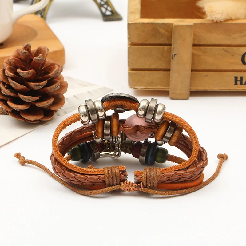 Винтажные подвеской Рыбы Череп Кожаный браслет для мужчин с отделкой бисером