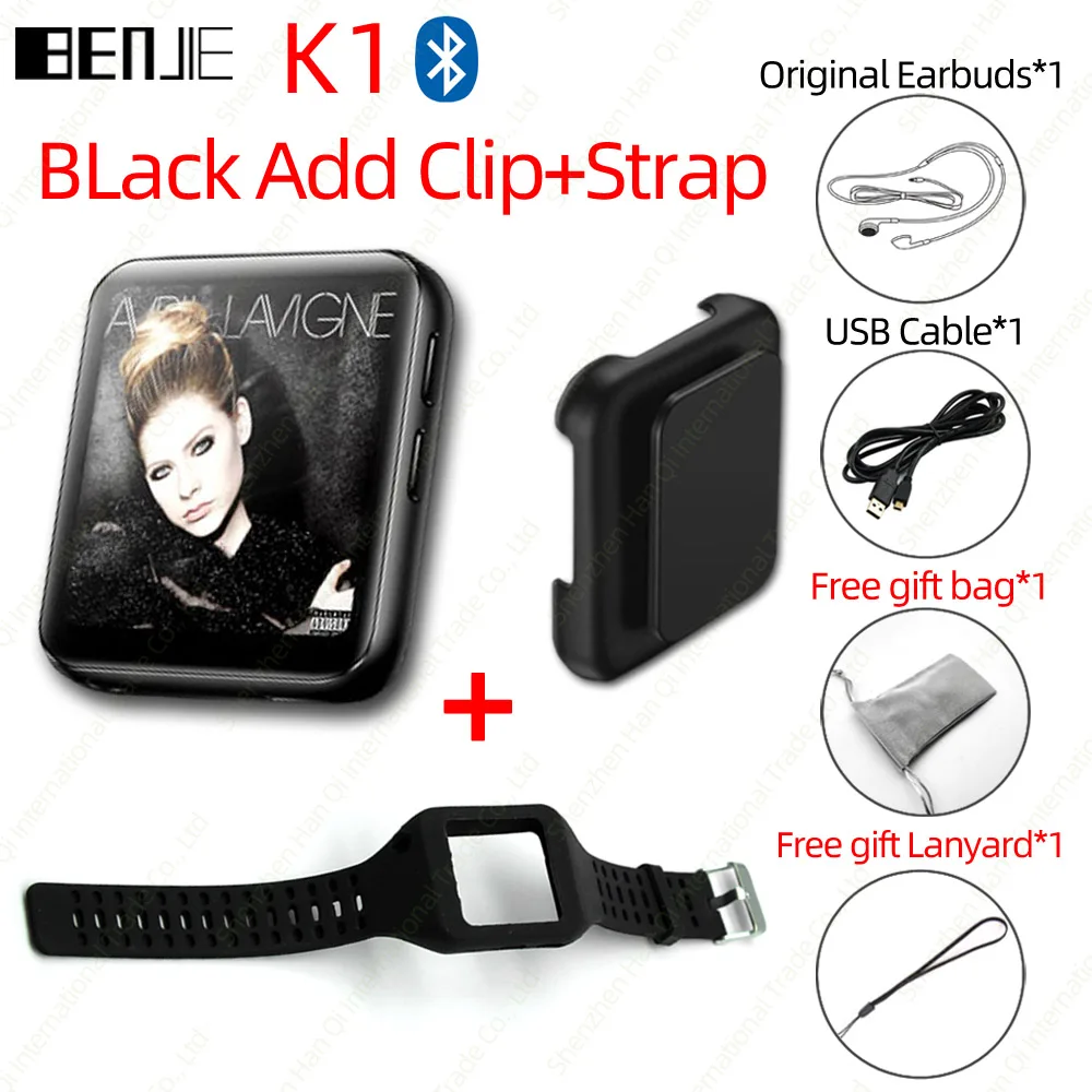 Black with Strap BENJIE K1 полный сенсорный экран Bluetooth MP3 плеер с fm-радио, рекордер, электронная книга портативный аудио 8 Гб 16 Гб мини клип музыкальный плеер - Цвет: Black with Strap