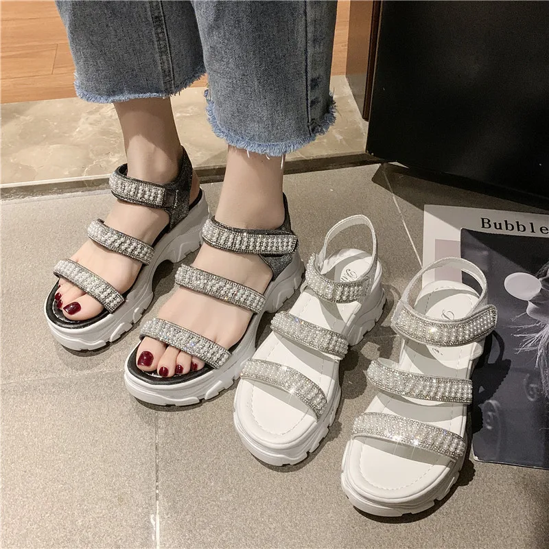

Roman Sandals Open Toe All-Match Med Black Shoes for Women Clogs Wedge Muffins shoe Summer Heels Gladiator Peep Rhinestone Mediu
