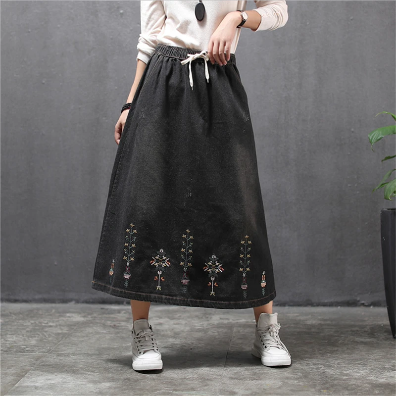 Юбка-трапеция Женская Джинсовая длинная свободная винтажная рваная Юбка Макси