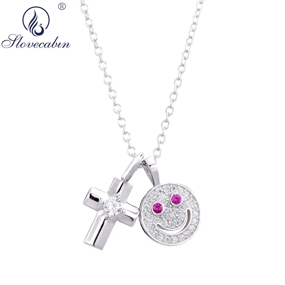 

Роскошное ожерелье с крестом-смайликом из серебра 100% пробы с фианитами