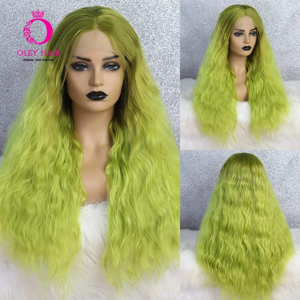 Light Green Wig Glueless Synthetic Lace Front Wig High Temperature Fiber Deep Wave  Drag Queen Cosplay Wigs For Black Women Oley