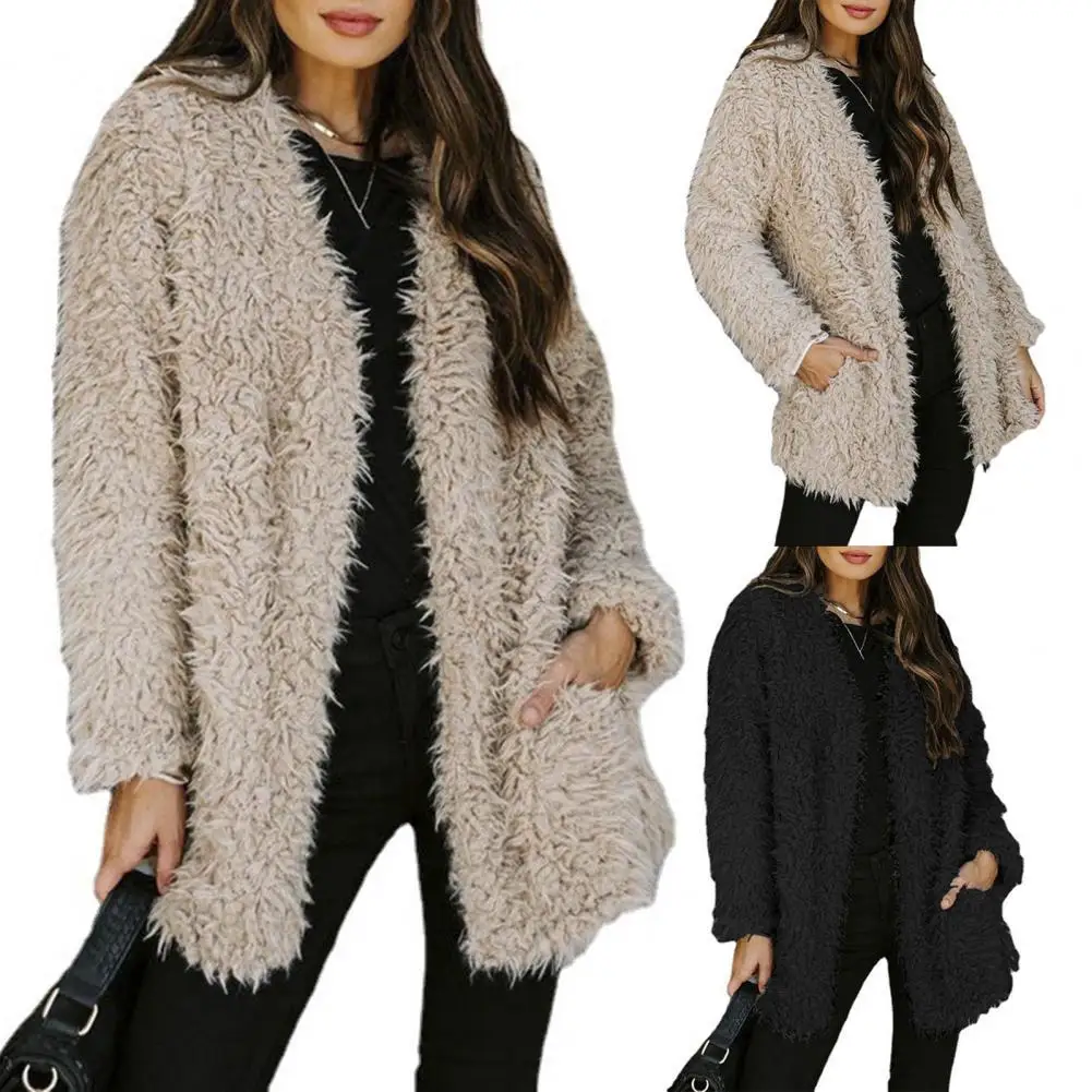 

Women Cardigan Open Front Keep Warm V Neck Solid Color Autumn Winter Loose Lady Coat Warm Plush Coat Women's Clothing Streetwear