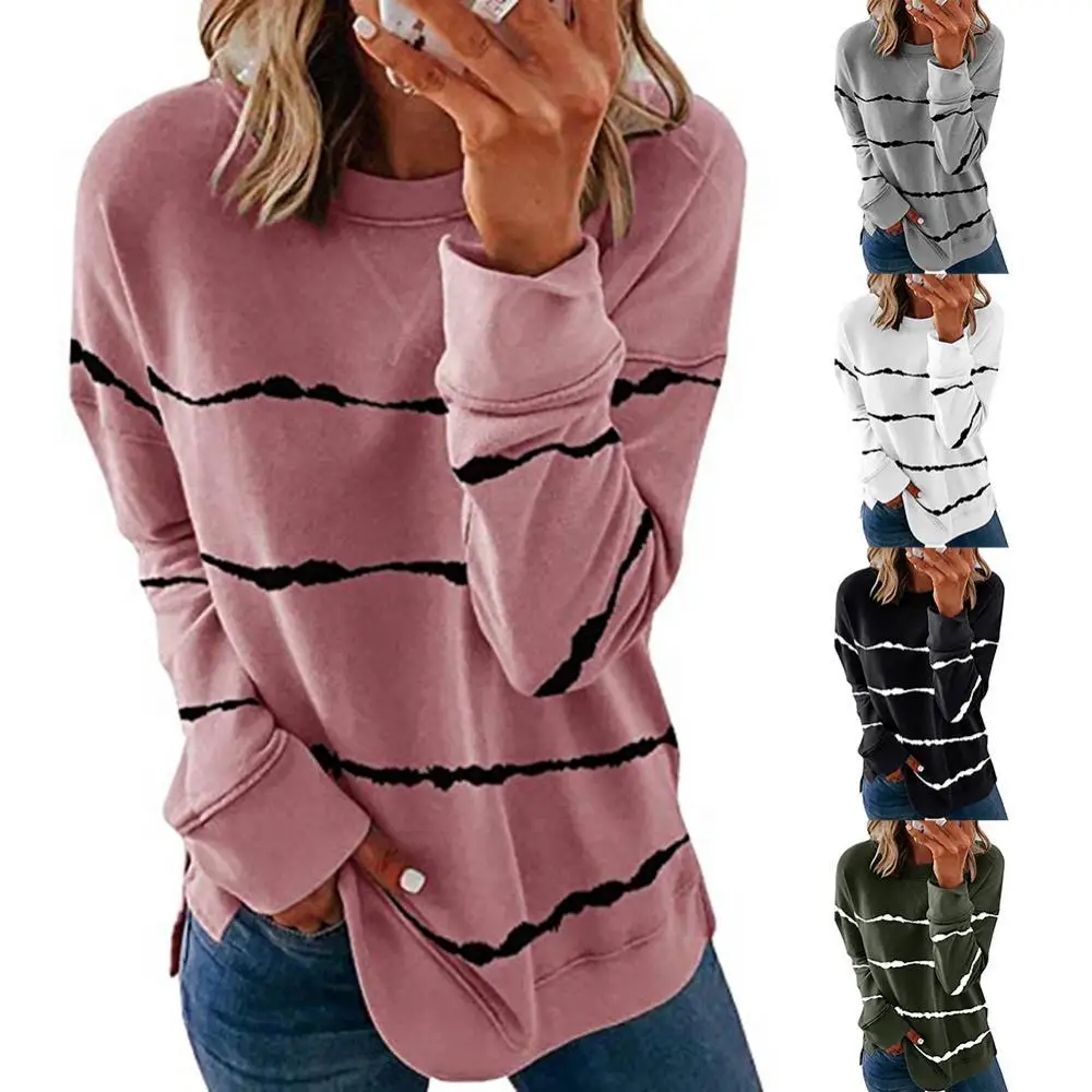 

Casual Women Long Sleeve O Neck Tie Dye Stripes Print Pullover Blouse Sweatshirt