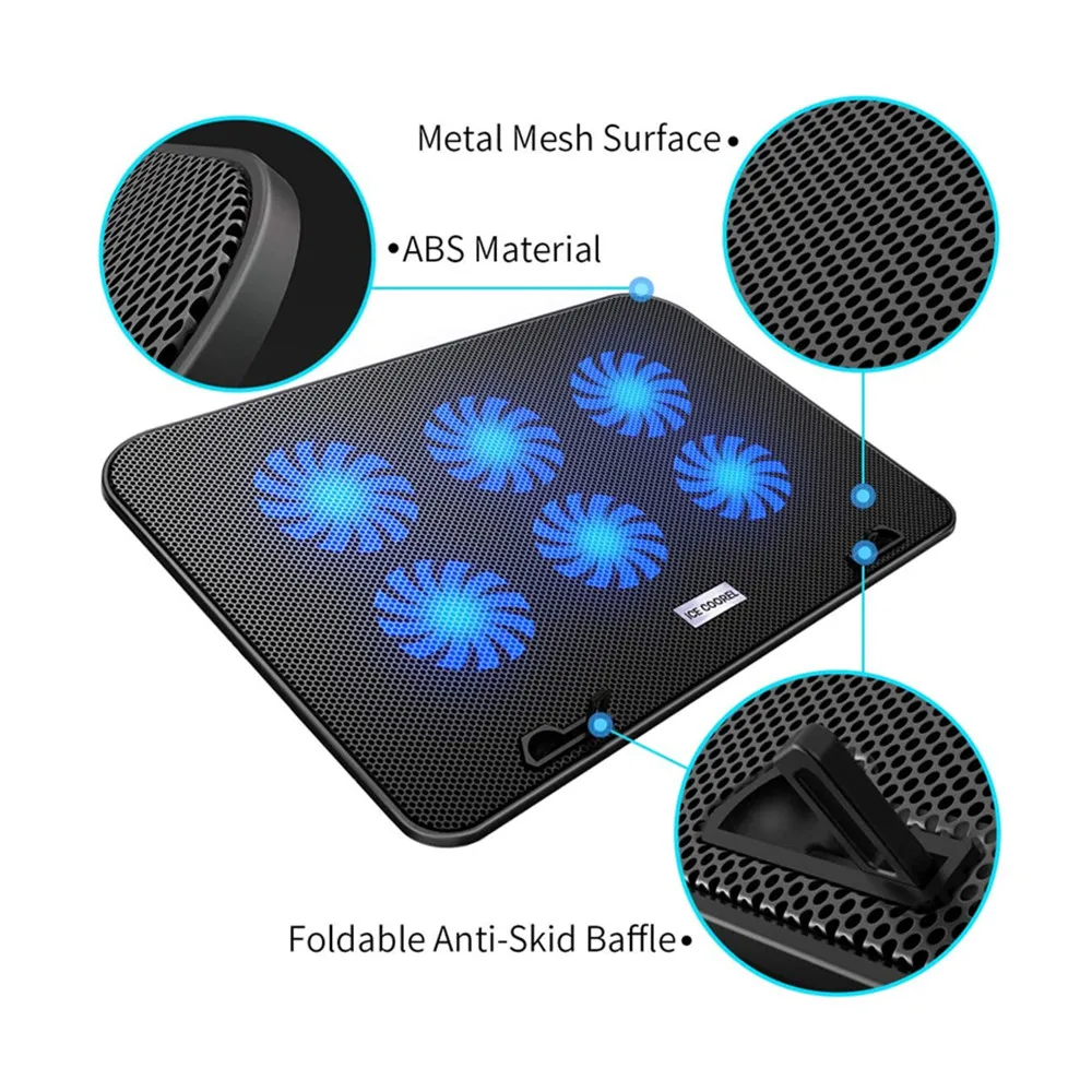

Laptop cooler bracket with 6 silent cooling fans and 5 height adjustablesuitable for laptop 15.6 14 13 inchesdual USB 2.0 ports