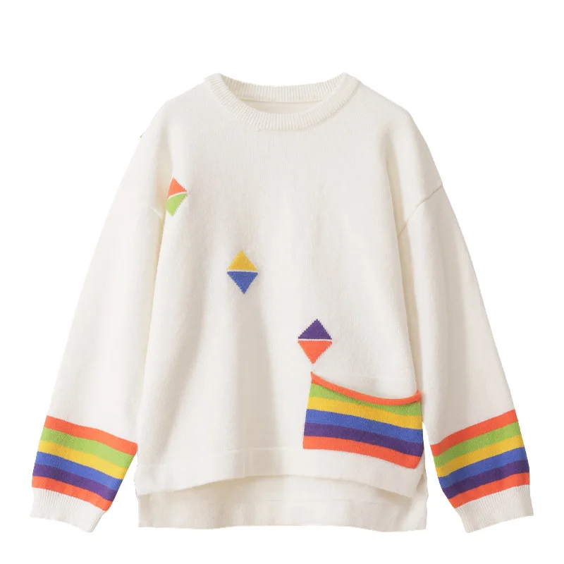 

Fannic 2020 Winter Casual Long Sleeve Patchwork Round Neck Knitted Pocket White Black Sweater for Women