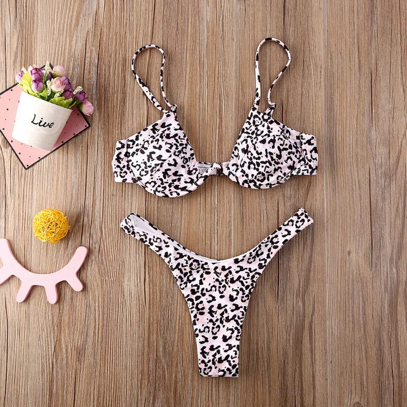 

2pcs Womens Push-up Bikini Set Striped Leopard Print Swimwear Bra Thong Bikini Set Bandage Swimsuit Beach G-String Bathing Suit